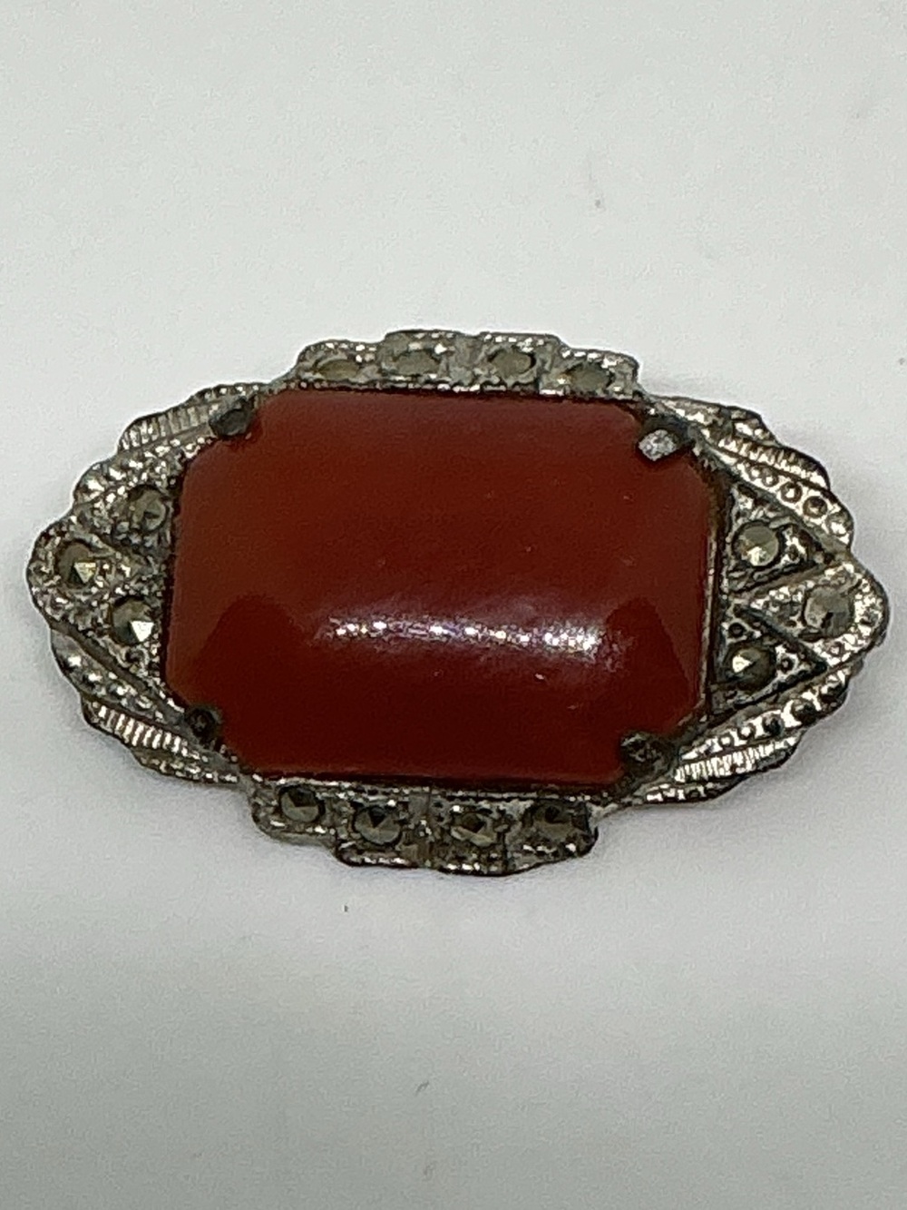 Art Deco Carnelian Marcasite Brooch Pot Metal Vintage 1920s 1930s Pin